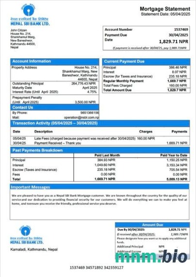 Nepal SBI Bank wyciąg z kredytu hipotecznego szablon Word i PDF